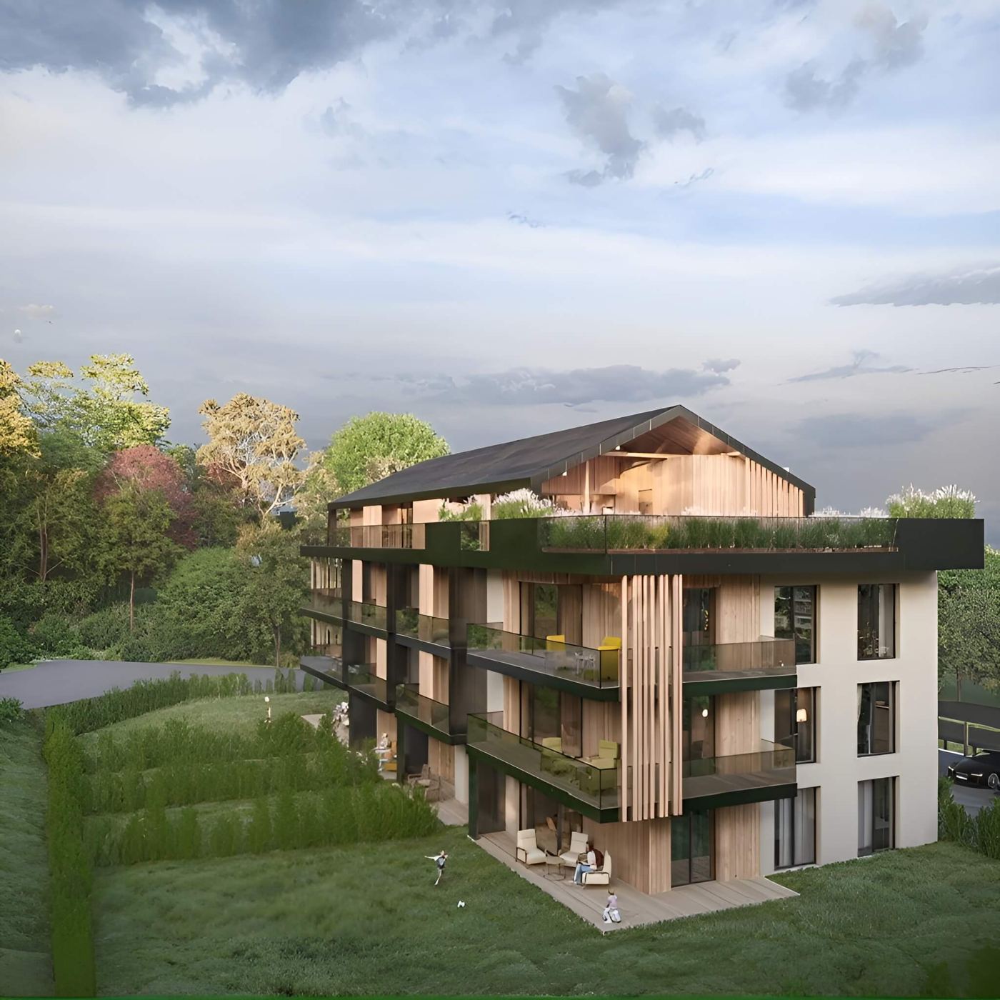 Neubauprojekt Bad Gams — Abendansicht mit begrünter Dachterrasse