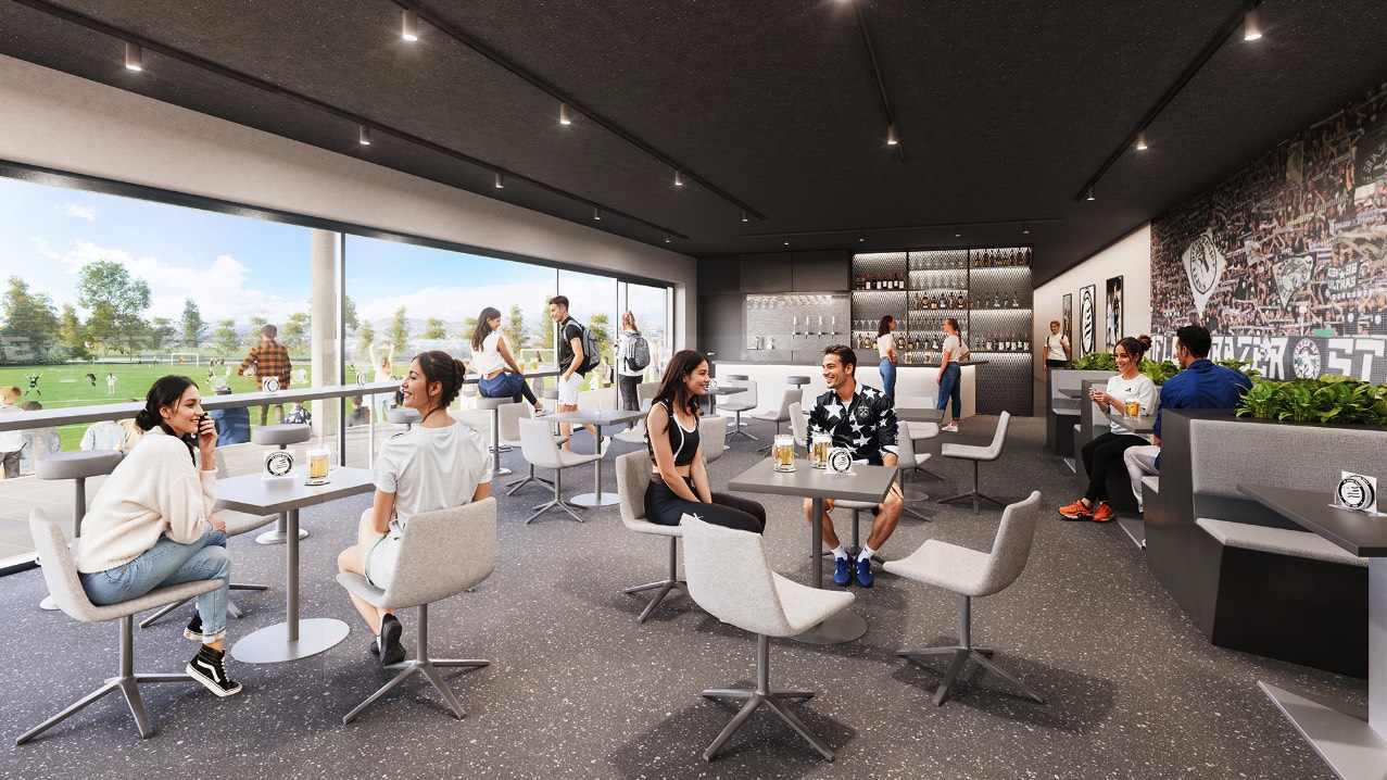Sturm Trainingszentrum Graz — Gastronomiebereich mit Blick auf die Trainingsplätze